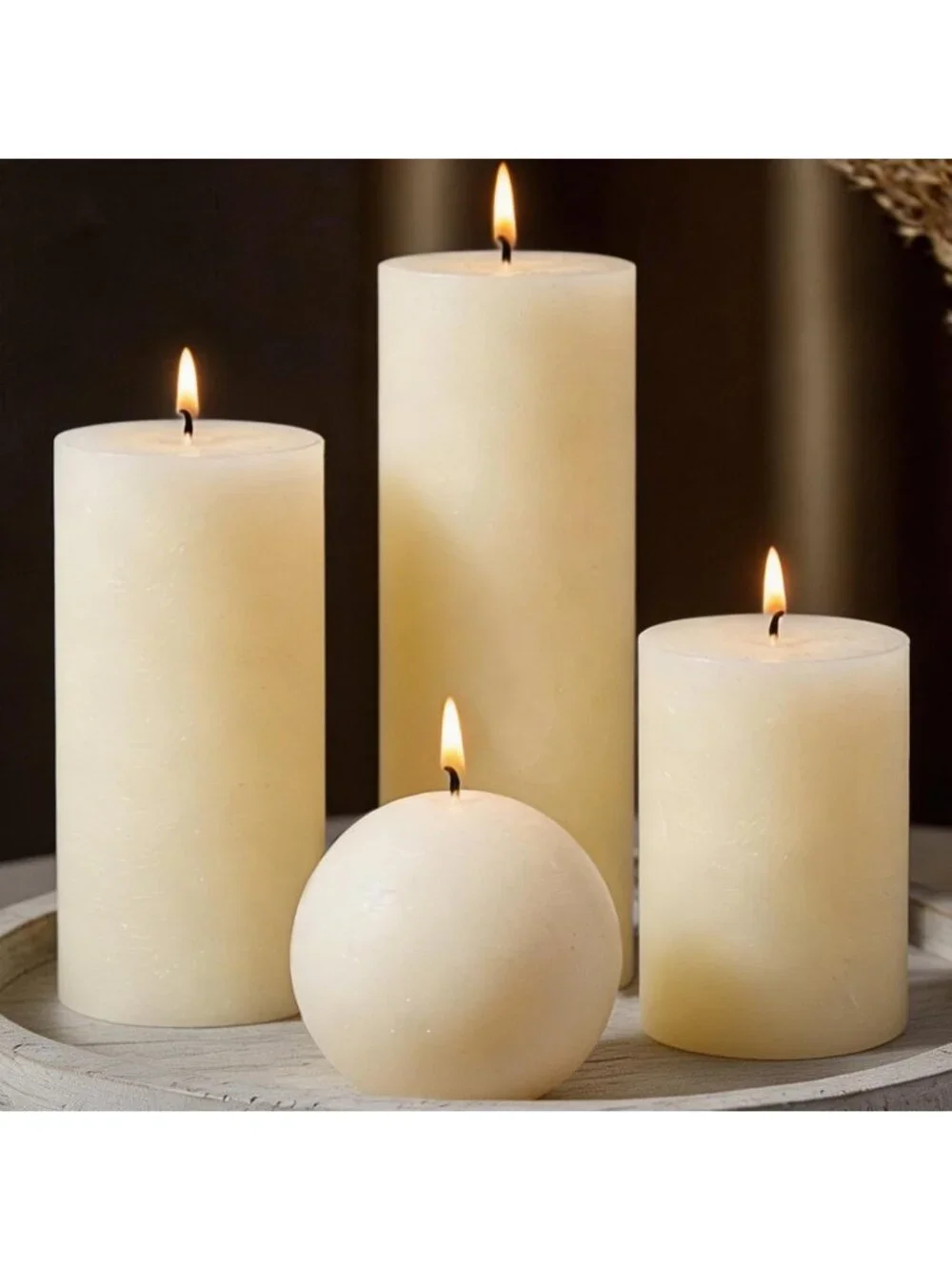 Rustic Ivory Pillar Candle Set - 4 Assorted Sizes, Unscented, Dripless